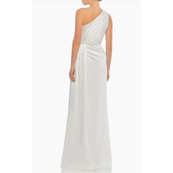 Ieena for Mac Duggal One Shoulder Draped Dress Satin Maxi Long Formal Gown White - Picture 4 of 16